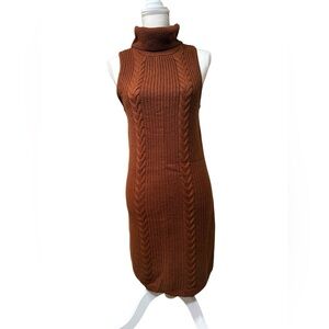 Brown Cable Knit Sleeveless Turtleneck Dress